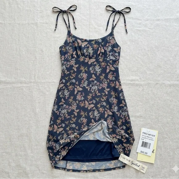 NWT Live To Be Spoiled Butterfly Mesh Overlay Midi Slip Dress Navy Floral Large - Picture 1 of 15